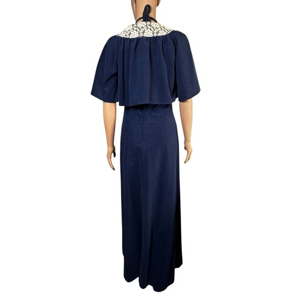 Vtg Blue Dress W/ Shrug 70s 80s Maxi Lace Bell Sleeve Halter Boho Hippie Regency - Picture 4 of 14